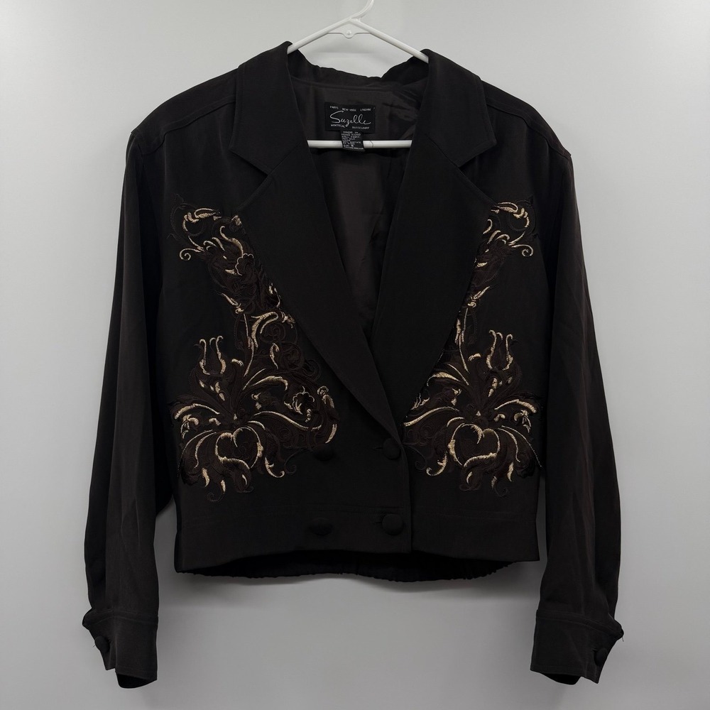 Vintage 90s Suzelle Black 100% Silk Embroidered Baroque Cropped Blazer Size 8